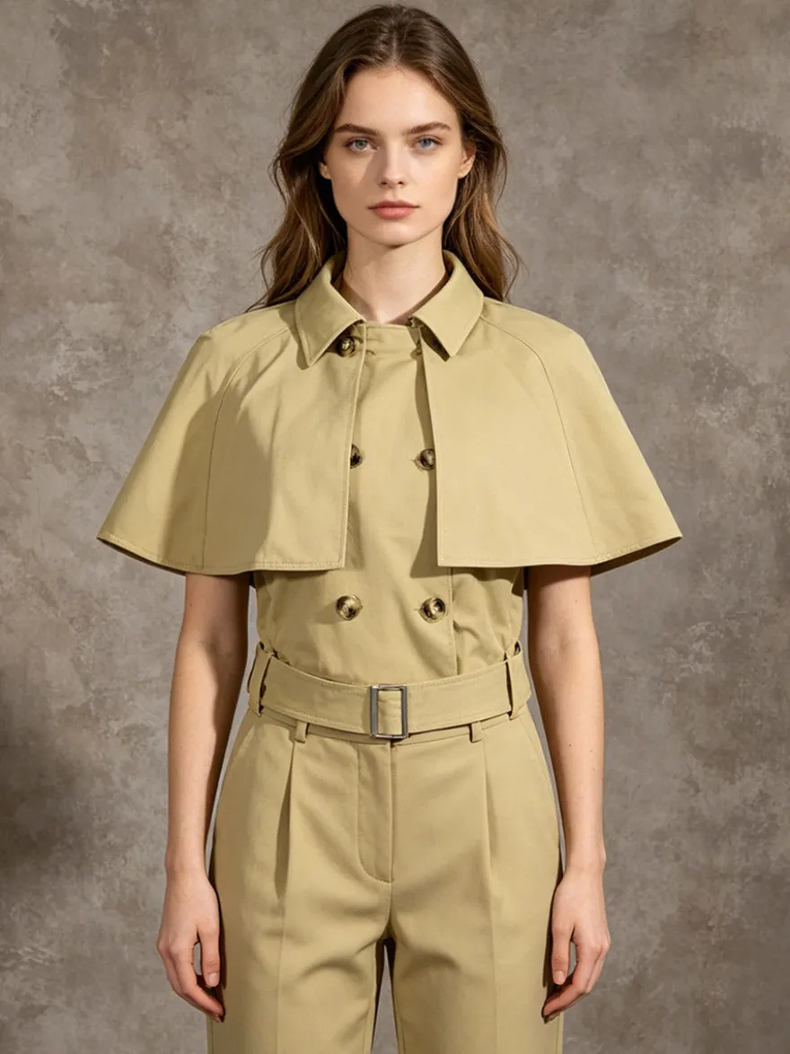 Blouse pour femme en coton kaki col rabattu ceinture académique boutons sans manches