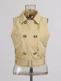 Blouse pour femme en coton kaki col rabattu ceinture académique boutons sans manches