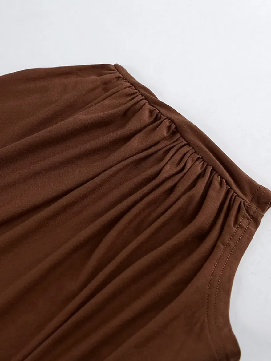Blouse pour femme en coton marron épaules dénudées manches courtes froncées style décontracté