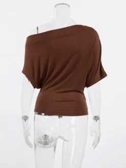 Blouse pour femme en coton marron épaules dénudées manches courtes froncées style décontracté