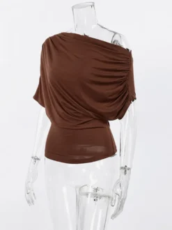 Blouse pour femme en coton marron épaules dénudées manches courtes froncées style décontracté