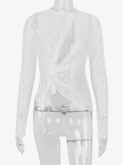 Blouse pour femme en dentelle blanche à col bijou manches longues et découpes sexy