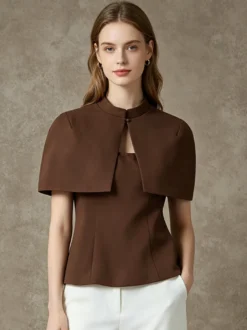 Blouse pour femme marron café à boutons sans bretelles élégante sans manches