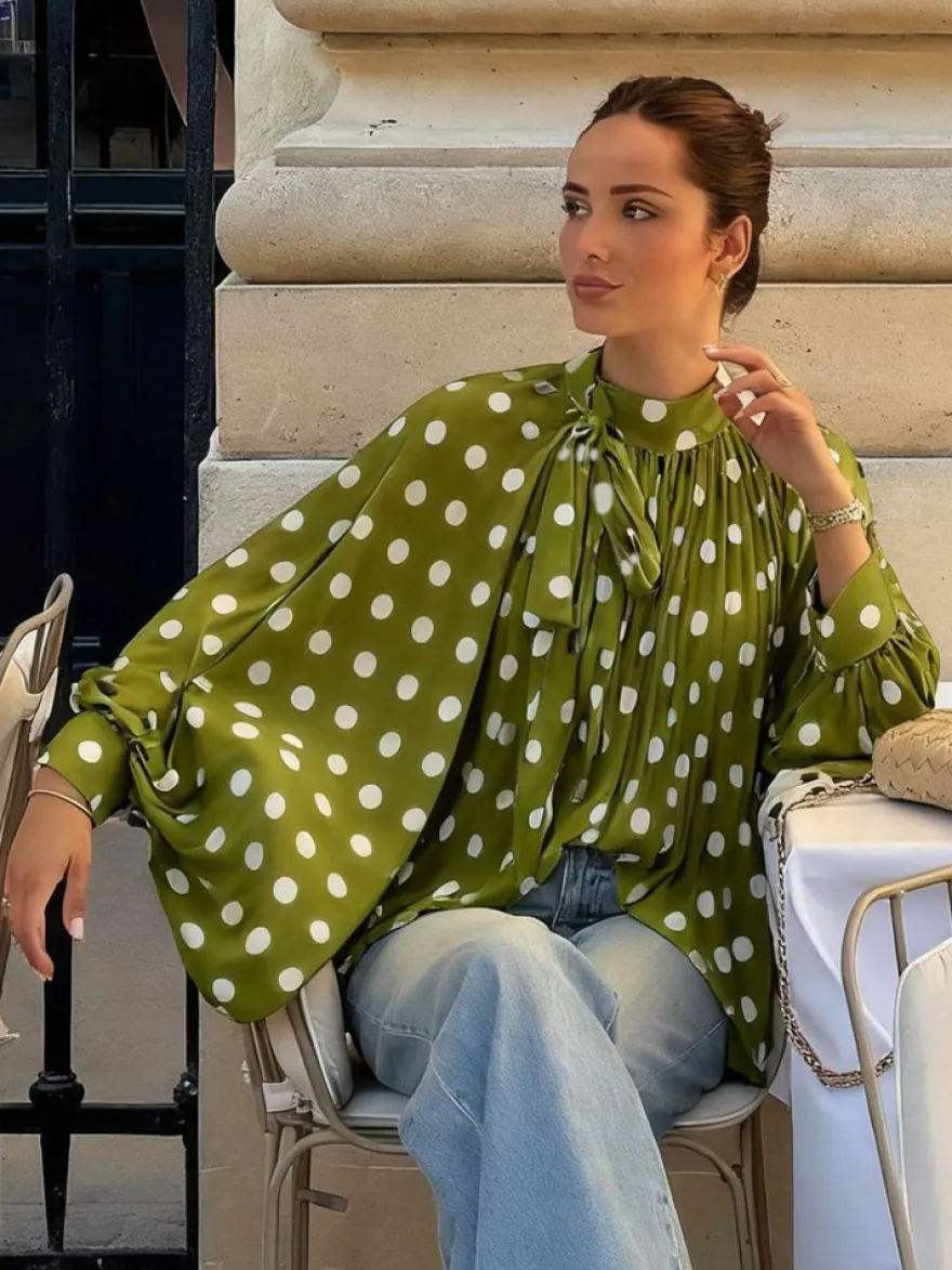 Blouse pour femme marron café à pois plissée à lacets dos nu manches longues style chic