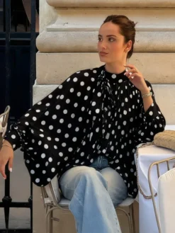 Blouse pour femme marron café à pois plissée à lacets dos nu manches longues style chic