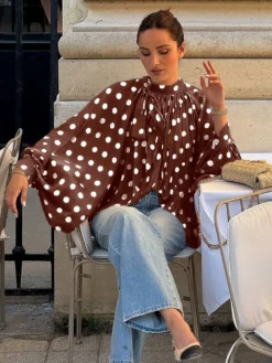 Blouse pour femme marron café à pois plissée à lacets dos nu manches longues style chic