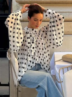 Blouse pour femme marron café à pois plissée à lacets dos nu manches longues style chic