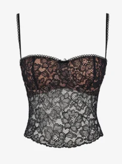 Blouse pour femme noire à bretelles en dentelle décolleté sexy en dentelle ajourée sans manches