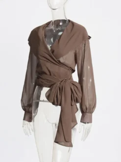 Blouses en mousseline transparente à capuche pour femmes - Hauts cache-cœur marron sexy à col en V et manches lanternes - Soirée rave d'été 2026