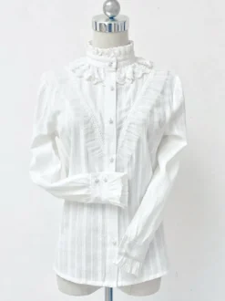 Blouses gothiques lolita haut lolita volants manches longues chemisier rayures chemise lolita blanche