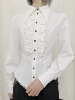 Blouses Lolita Steampunk Volants Dentelle Haut Lolita Manches Longues Blouse Chemise Lolita Bleue