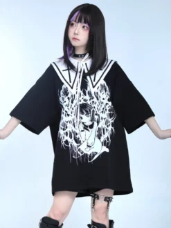 Blouses Lolita Steampunk Volants Haut Lolita Manches Courtes Imprimé Floral Chemise Lolita Noire