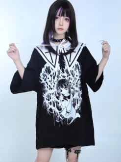 Blouses Lolita Steampunk Volants Haut Lolita Manches Courtes Imprimé Floral Chemise Lolita Noire