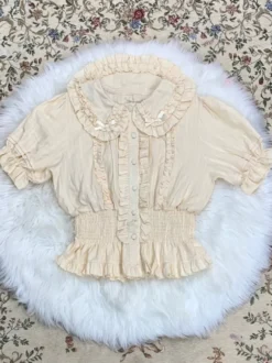 Blouses Sweet Lolita Haut Lolita Blanc Écru Manches Courtes Chemise Lolita À Volants Plissés