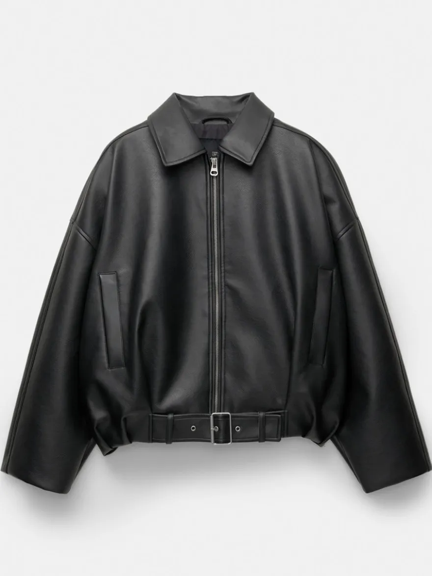 Blouson aviateur oversize en similicuir avec ceinture pour l'automne 2026