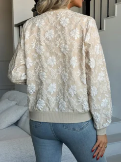 Blouson bomber femme en jacquard floral - Élégante veste zippée à motif floral 3D en relief et coupe ajustée - Streetwear chic printemps 2026
