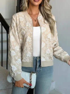 Blouson bomber femme en jacquard floral - Élégante veste zippée à motif floral 3D en relief et coupe ajustée - Streetwear chic printemps 2026