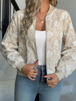 Blouson bomber femme en jacquard floral - Élégante veste zippée à motif floral 3D en relief et coupe ajustée - Streetwear chic printemps 2026