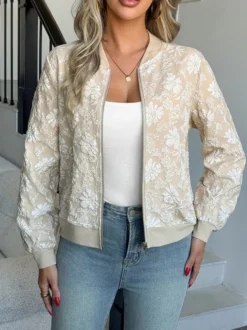 Blouson bomber femme en jacquard floral - Élégante veste zippée à motif floral 3D en relief et coupe ajustée - Streetwear chic printemps 2026