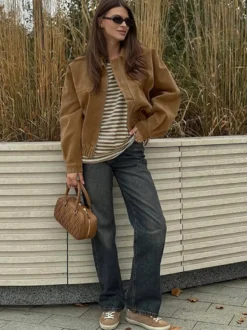 Blouson bomber femme en suédine camel - Fermeture éclair rétro ourlet élastique coupe décontractée - Style streetwear décontracté printemps 2026