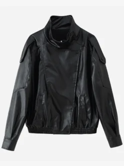 Blouson bomber oversize en similicuir pour femme - Manteau motard rétro noir à col montant et coupe ample - Style streetwear chic printemps 2026