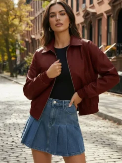Blouson bomber vintage oversize en similicuir avec ourlet élastique pour femme 2026