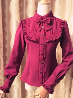 Blouson Sweet Lolita Robe rouge à manches longues Collier Bow Ruffled Winter Lolita Shirt Déguisements Halloween
