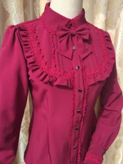 Blouson Sweet Lolita Robe rouge à manches longues Collier Bow Ruffled Winter Lolita Shirt Déguisements Halloween