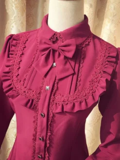 Blouson Sweet Lolita Robe rouge à manches longues Collier Bow Ruffled Winter Lolita Shirt Déguisements Halloween