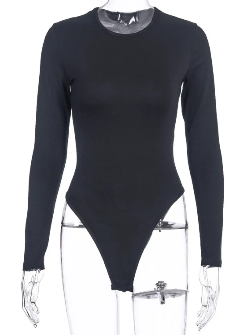 Body Abricot Léger Manches Longues Passepoil Stretch Encolure Crantée Sexy Top En Coton Pour Les Femmes