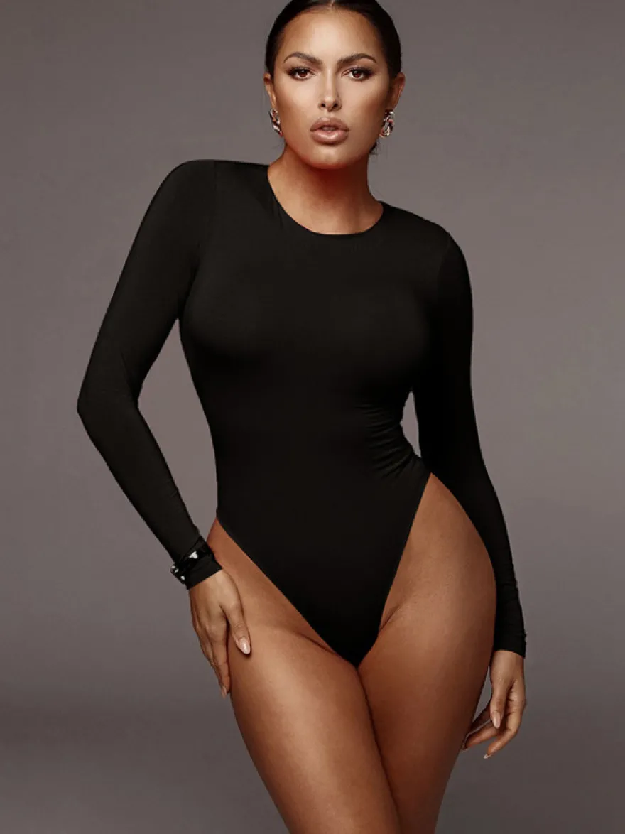 Body Abricot Léger Manches Longues Passepoil Stretch Encolure Crantée Sexy Top En Coton Pour Les Femmes