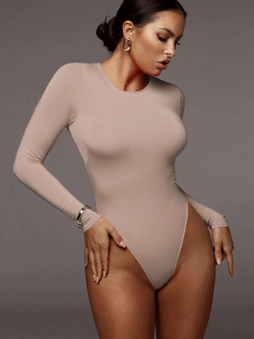 Body Abricot Léger Manches Longues Passepoil Stretch Encolure Crantée Sexy Top En Coton Pour Les Femmes
