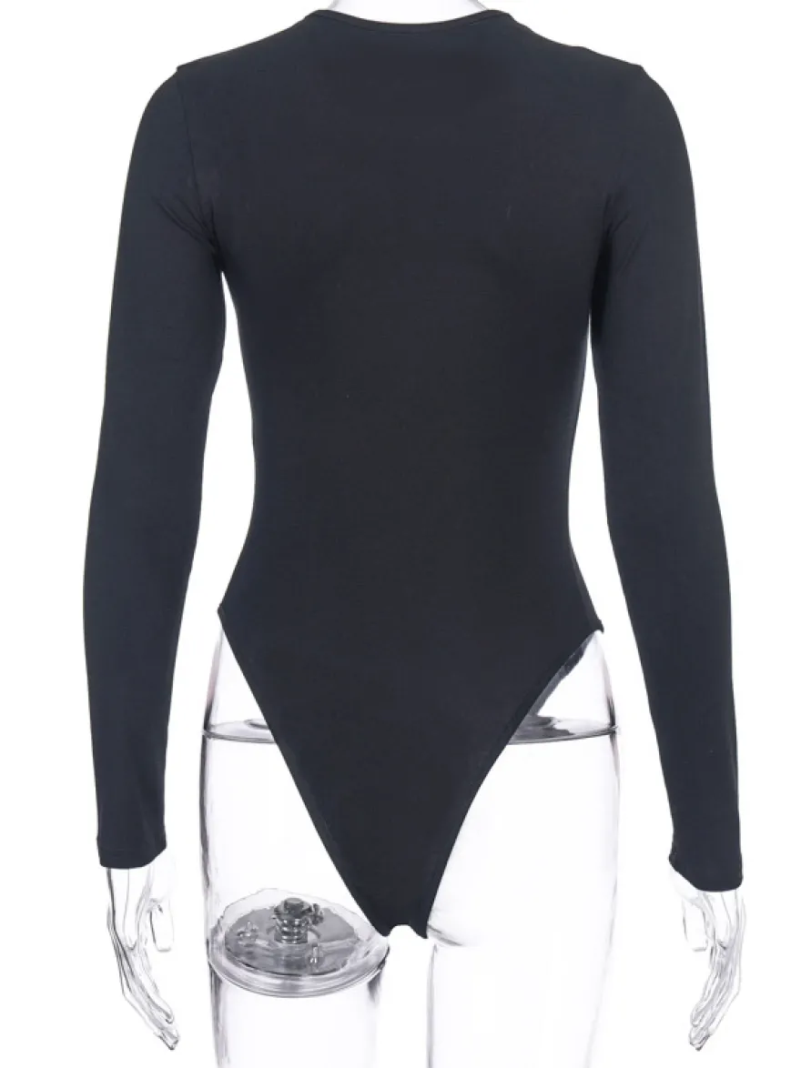 Body Abricot Léger Manches Longues Passepoil Stretch Encolure Crantée Sexy Top En Coton Pour Les Femmes