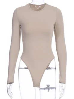 Body Abricot Léger Manches Longues Passepoil Stretch Encolure Crantée Sexy Top En Coton Pour Les Femmes