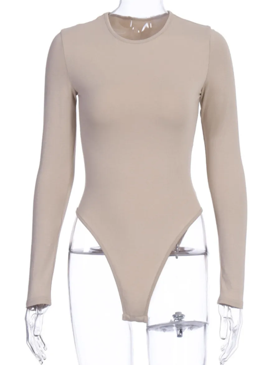 Body Abricot Léger Manches Longues Passepoil Stretch Encolure Crantée Sexy Top En Coton Pour Les Femmes