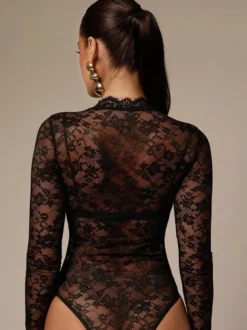 Body en dentelle florale à col montant et manches longues coupe ajustée pour femme 2026
