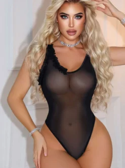 Body en maille transparente noire à volants lingerie