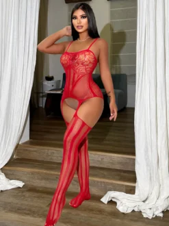 Body en nylon rayé jacquard rouge lingerie sans entrejambe collants et bas.