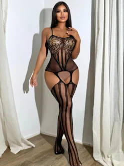 Body en nylon rayé jacquard rouge lingerie sans entrejambe collants et bas.