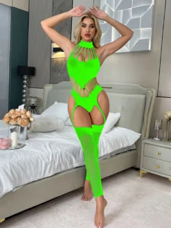 Body en résille à col montant décolleté ajouré bretelles fines bas longs lingerie en maille.
