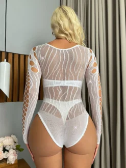 Body en résille à strass manches longues col rond découpe sur le devant et le côté lingerie en maille transparente