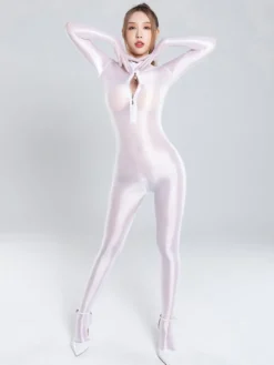 Body moulant en lycra brillant et soyeux pour femme fermeture éclair col montant sans coutures couleur unie