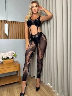 Body résille sans manches décolleté taille haute et dos ajouré lingerie transparente
