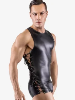 Body sans manches en similicuir pour homme laçage latéral style teddy
