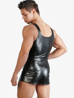 Body short à bretelles en similicuir pour homme fermeture éclair sur le devant style teddy