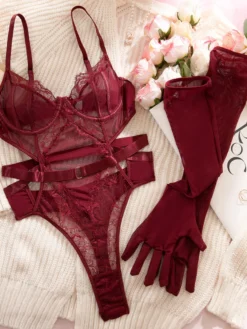 Body Teddy bordeaux en dentelle transparente et résille ajourée avec gants