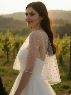 Boléro de mariée col rond manches courtes châles tulle et perles