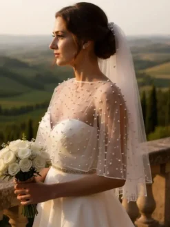Boléro de mariée col rond manches courtes châles tulle et perles