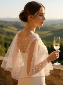 Boléro de mariée col rond manches courtes châles tulle et perles