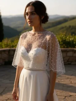 Boléro de mariée col rond manches courtes châles tulle et perles